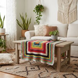 Handmade Afghan Throw Blanket Multi Color Square Granny Roseanne CottageCore